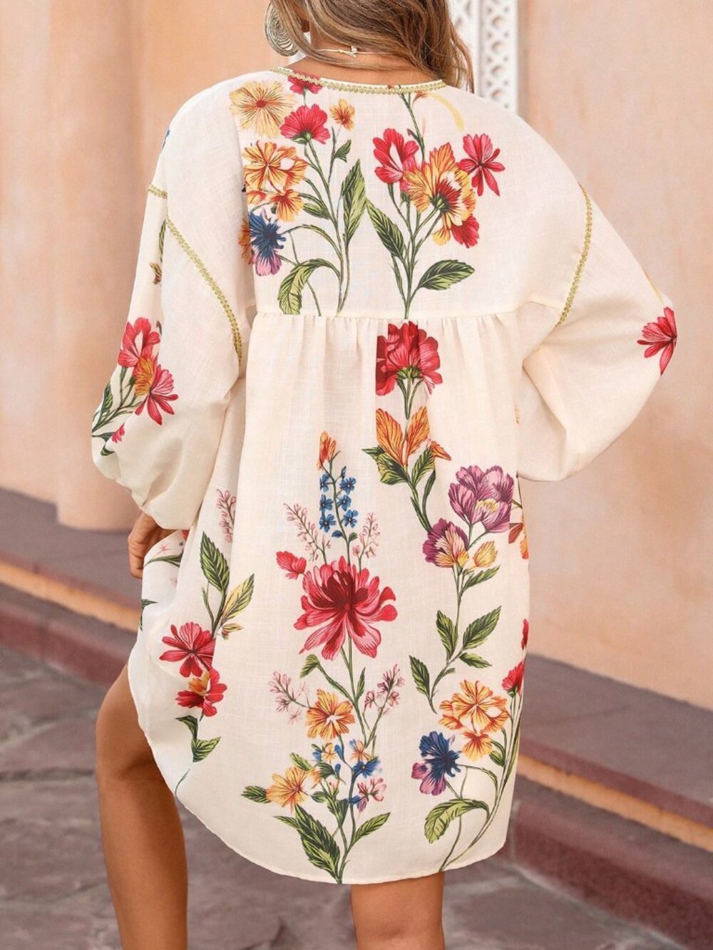 Multicolor Boho Women's V-Neck Dress with Bubble Sleeves and Ribbon Trim - Picture 2 of 6
